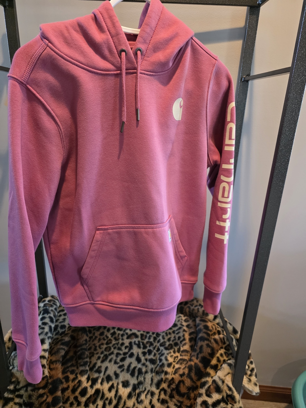 Carhartt Women's Pink Hooded Sweatshirt with Script Sleeve